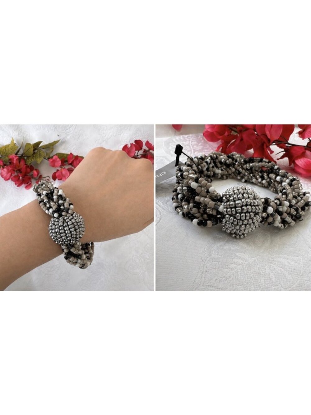 CHICO'S Seed Bead Bangle Thin SilverTone Gray Cream Tan Bracelet Chunky NEW